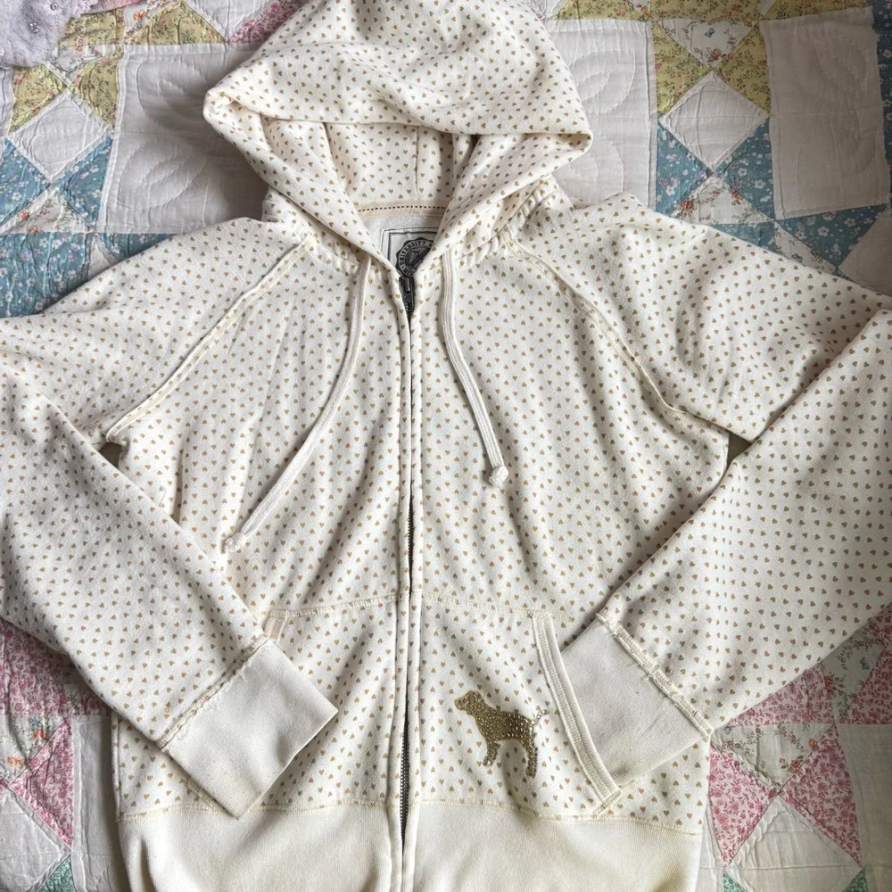 HTF Vintage Victoria's Secret PINK “Pink Says Love” Gold Heart Hoodie - Picture 2 of 5